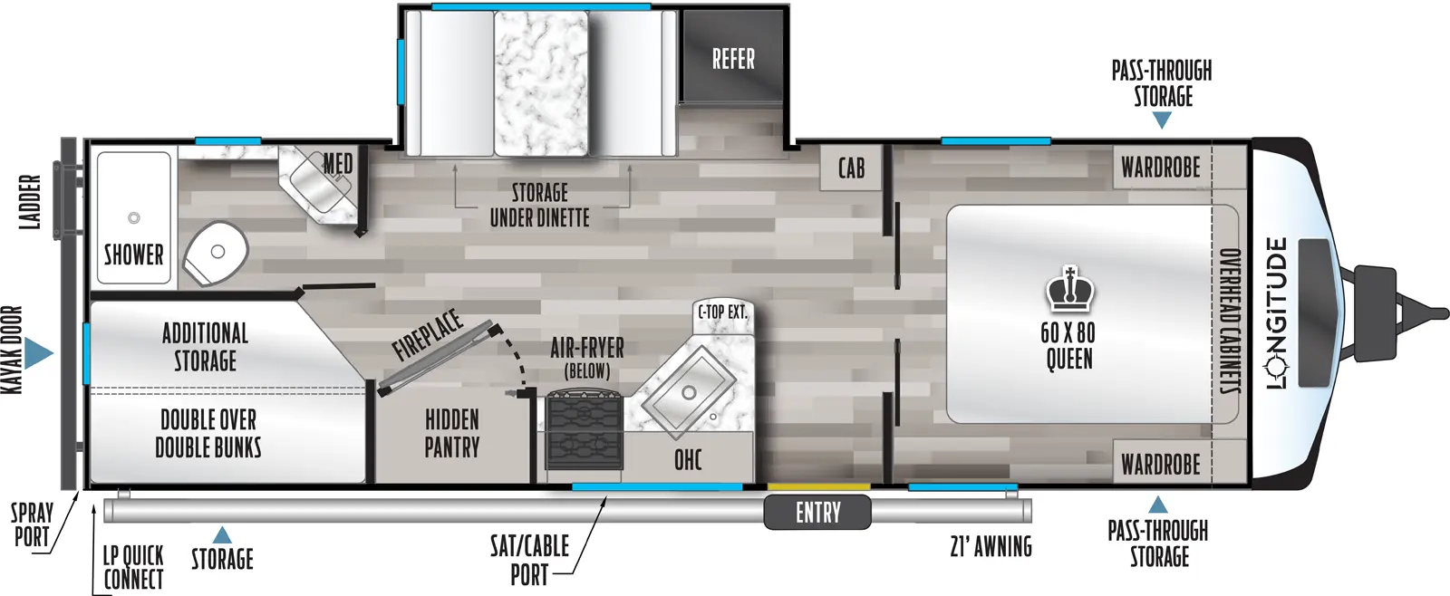 The 255BH has one slideout and one entry. Exterior features front pass-through storage, awning, storage, and ladder. Interior layout front to back: foot-facing queen bed with overhead cabinets, and wardrobes on each side; off-door side cabinet, and slideout with refrigerator and dinette with storage underneath; door side entry and kitchen counter with countertop extension and sink that wraps to door side with overhead cabinet, microwave, cooktop with air fryer below, and entertainment center with fireplace and hidden pantry behind; rear off-door side full bathroom with medicine cabinet; rear door side double over double bunks with optional bike storage.